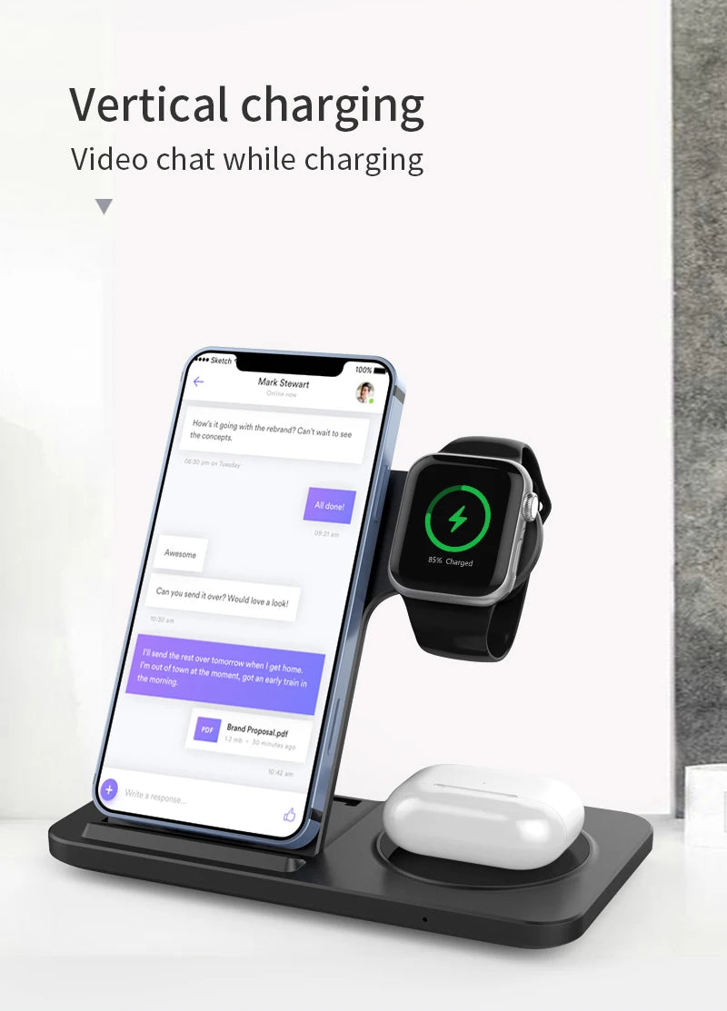 Chargeur 3-en-1 Sans Fil – Station rapide pliable pour iPhone, Apple Watch & AirPods !