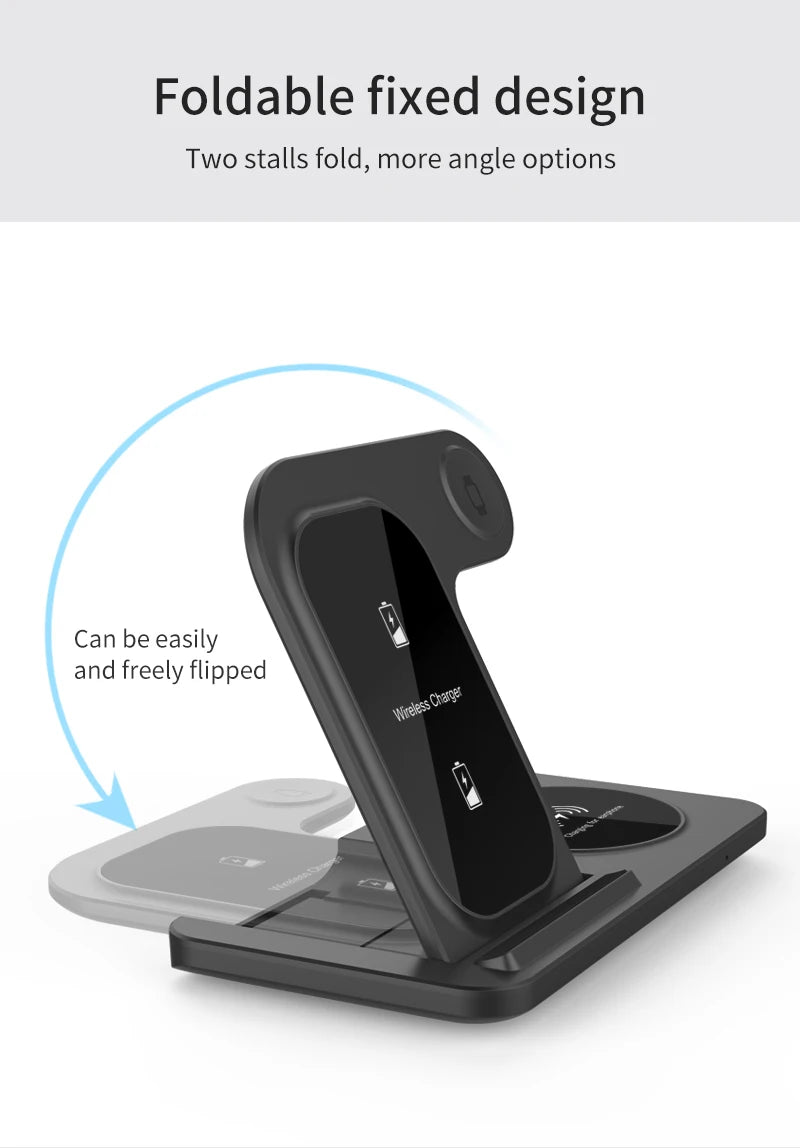 Chargeur 3-en-1 Sans Fil – Station rapide pliable pour iPhone, Apple Watch & AirPods !