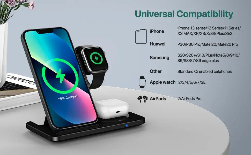 Chargeur 3-en-1 Sans Fil – Station rapide pliable pour iPhone, Apple Watch & AirPods !