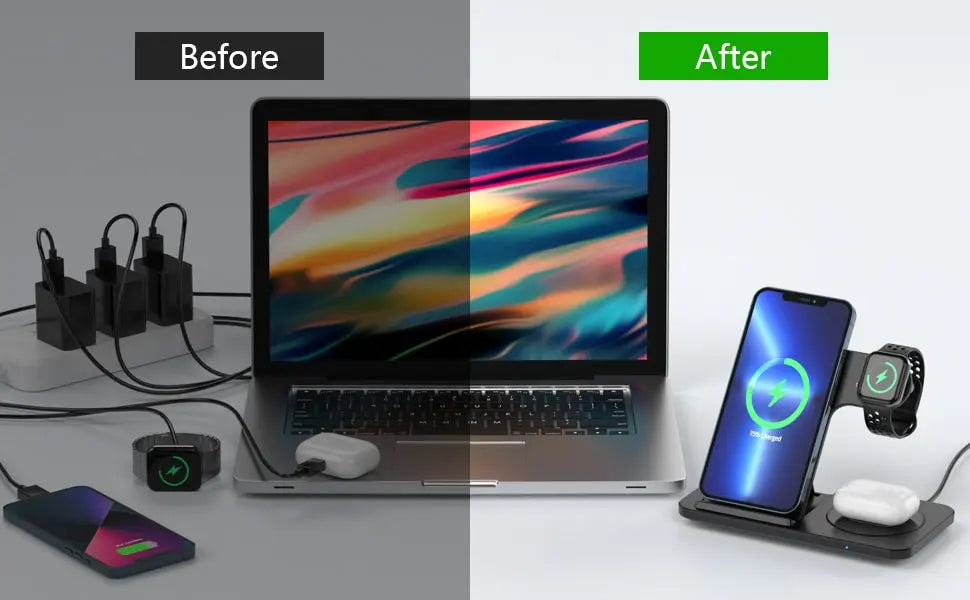 Chargeur 3-en-1 Sans Fil – Station rapide pliable pour iPhone, Apple Watch & AirPods !
