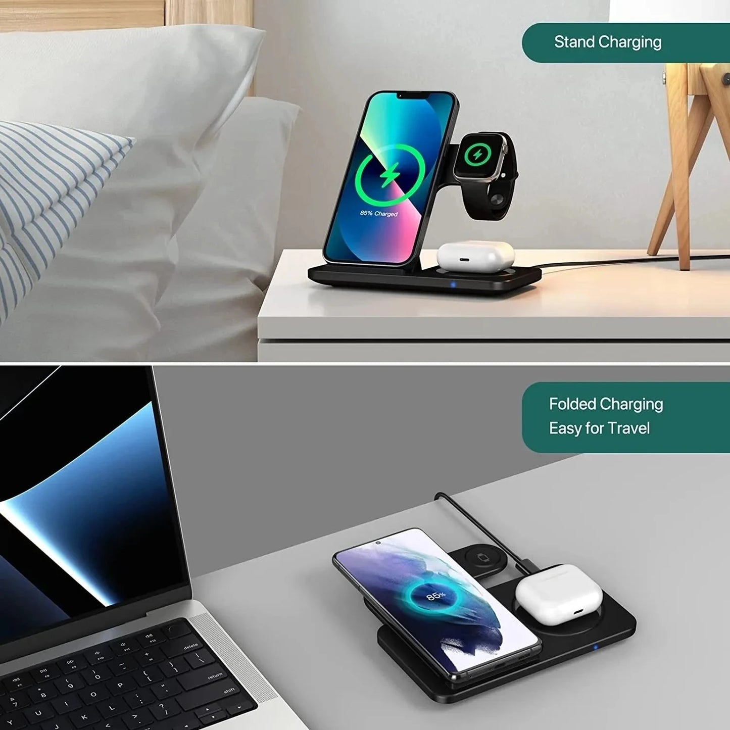 Chargeur 3-en-1 Sans Fil – Station rapide pliable pour iPhone, Apple Watch & AirPods !
