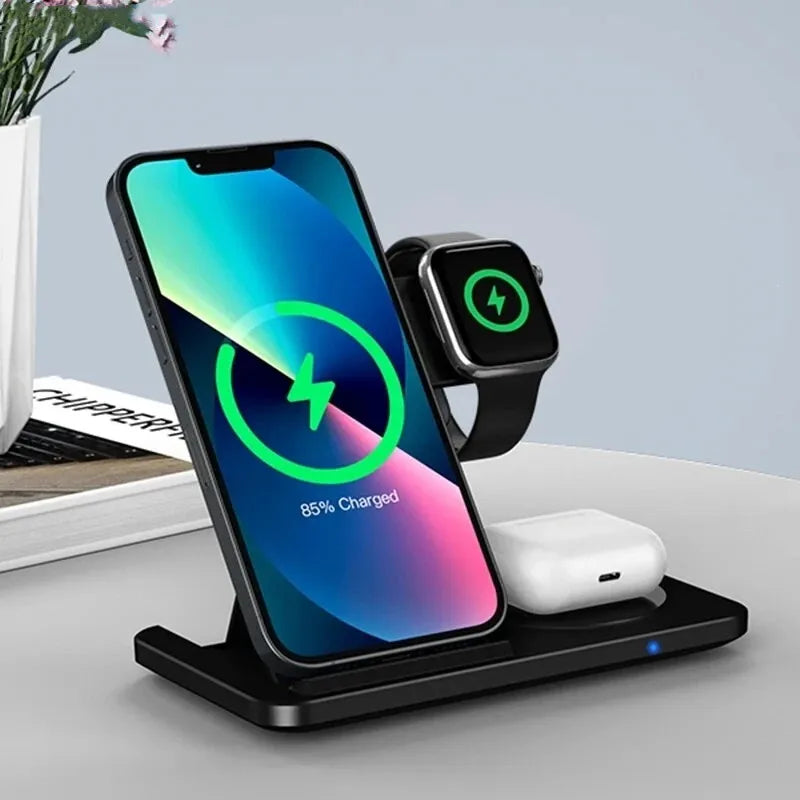 Chargeur 3-en-1 Sans Fil – Station rapide pliable pour iPhone, Apple Watch & AirPods !