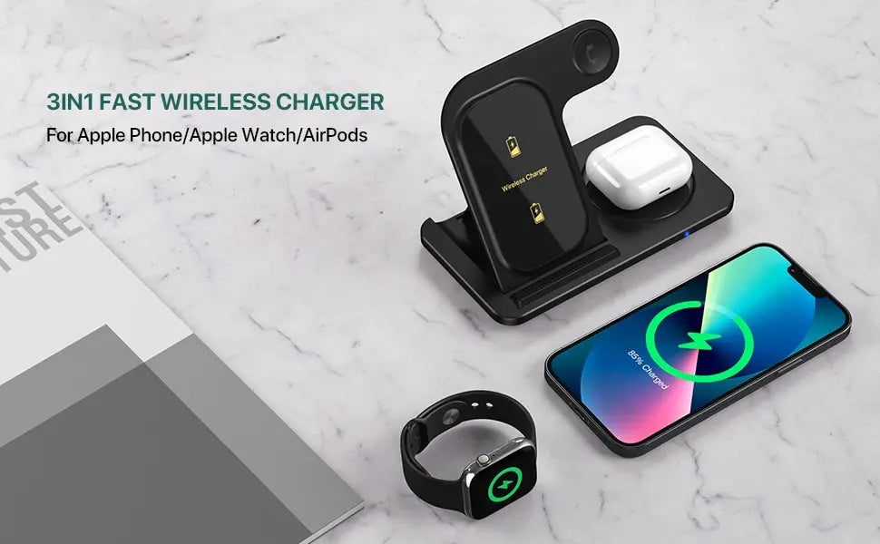 Chargeur 3-en-1 Sans Fil – Station rapide pliable pour iPhone, Apple Watch & AirPods !