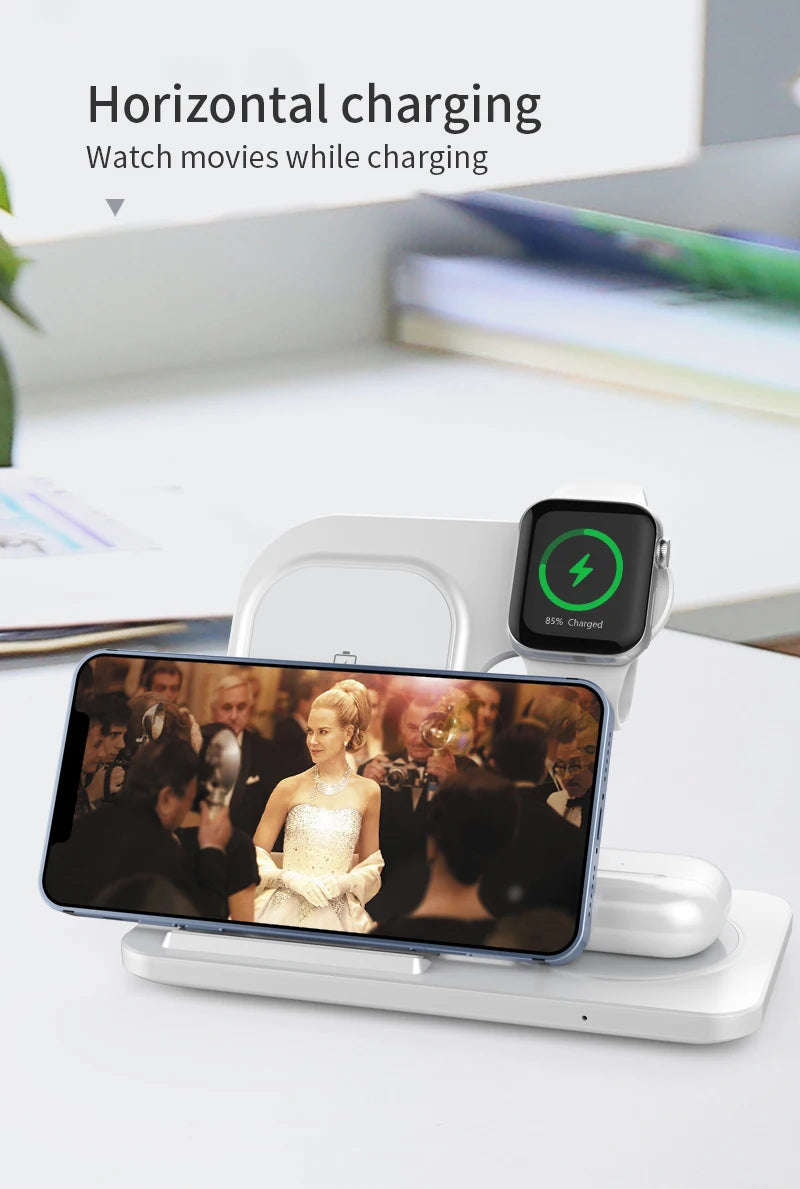 Chargeur 3-en-1 Sans Fil – Station rapide pliable pour iPhone, Apple Watch & AirPods !