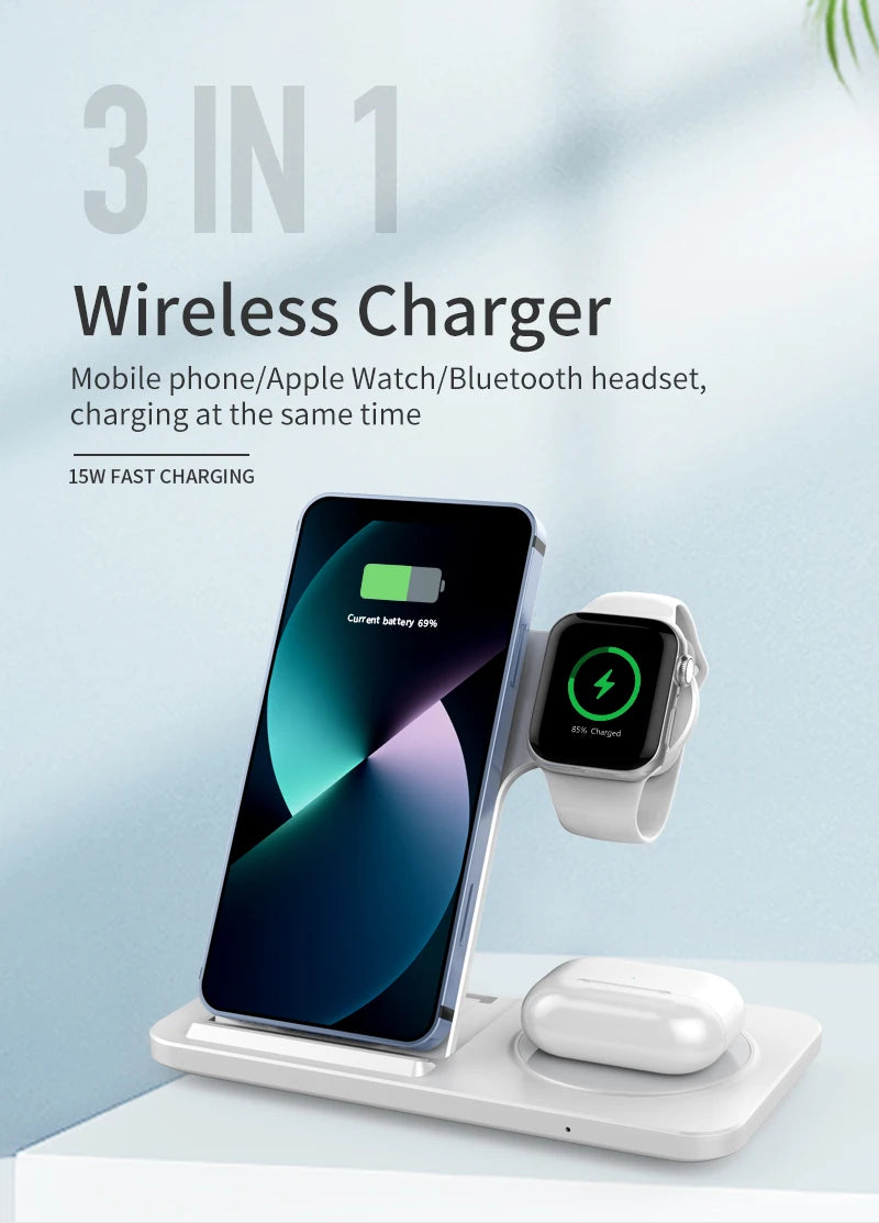 Chargeur 3-en-1 Sans Fil – Station rapide pliable pour iPhone, Apple Watch & AirPods !
