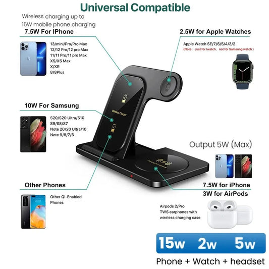 Chargeur 3-en-1 Sans Fil – Station rapide pliable pour iPhone, Apple Watch & AirPods !